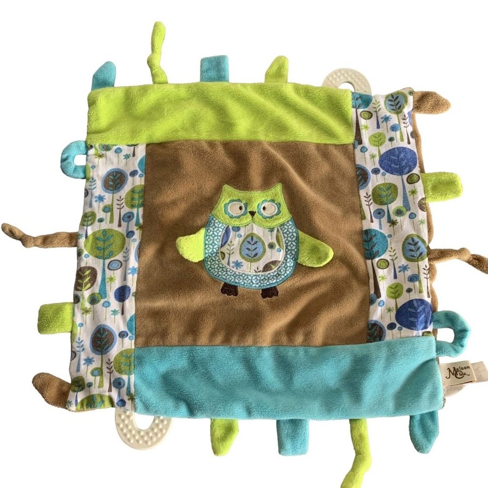 Maison Chic Blue Green Brown Owl Security Blanket Lovey Teether Knots Tag Crinkl